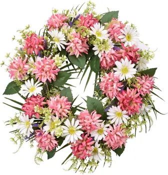 Artificial Spring Door Summer Wreath Pink Dahlia Chrysanthemum Welcome Wreath for Holiday Farmhouse Wedding Party Window Decor