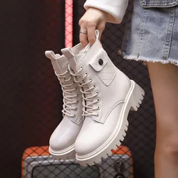 Soft Split Leather Women White Ankle Boots Motorcycle Boots Female Autumn Winter Shoes Woman Punk Motorcycle Boots 2020
