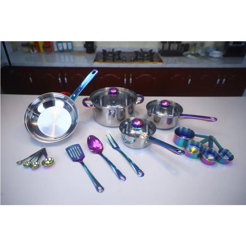 18pcs Stainless Steel Cookware with Color Rainbow Casserole Saucepan Set