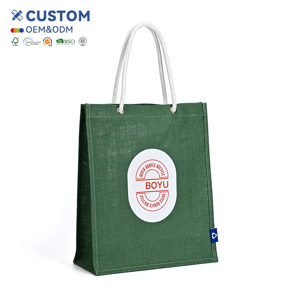 Customized Large Capacity Jute Beach Tote Bag with Rope Handle Outer Pocket Burlap Style-for Travel or Shopping