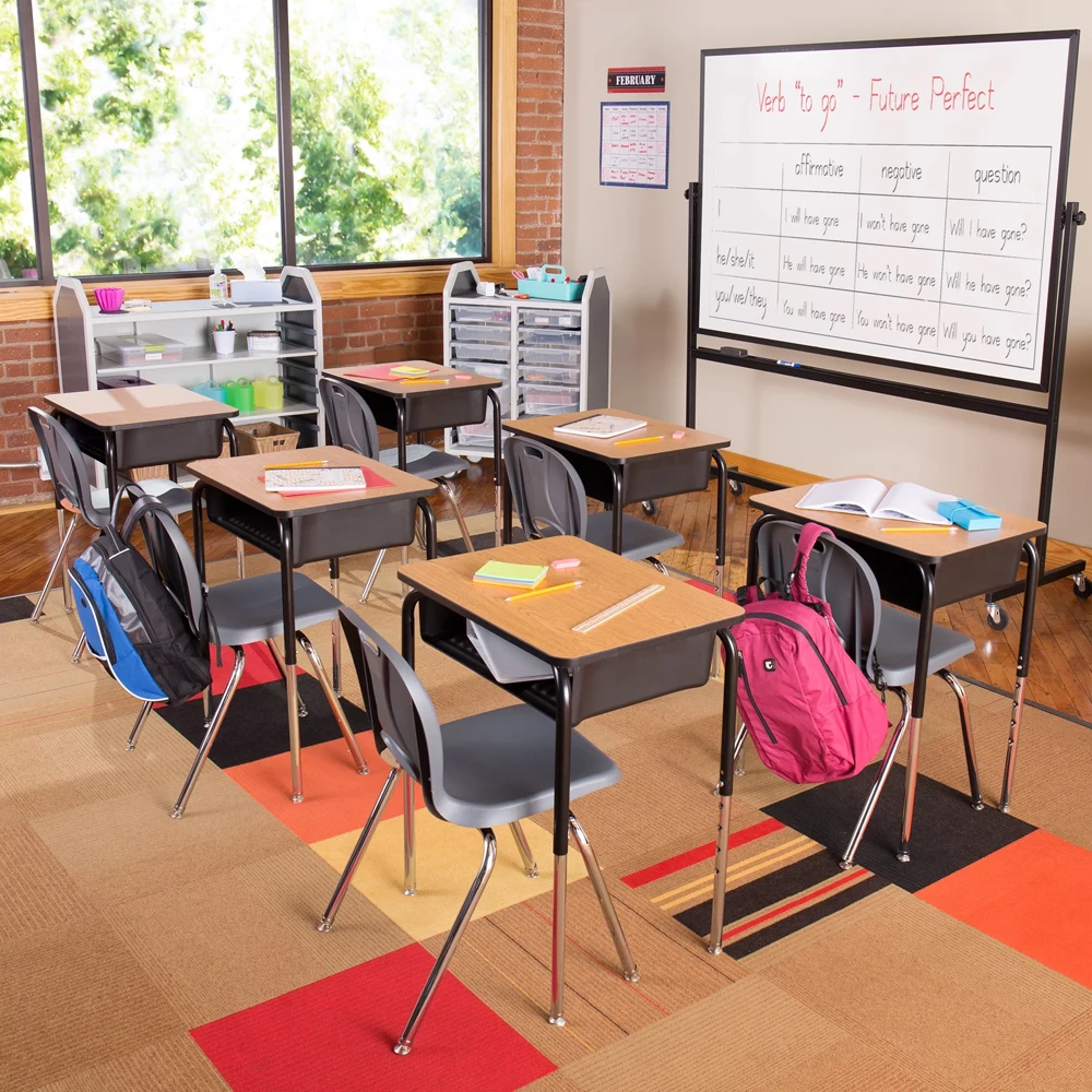 Custom Dimensions Interactive Durable Students Desks and Chairs Classic School Library Furnitures Attached Solid Fittings Wood