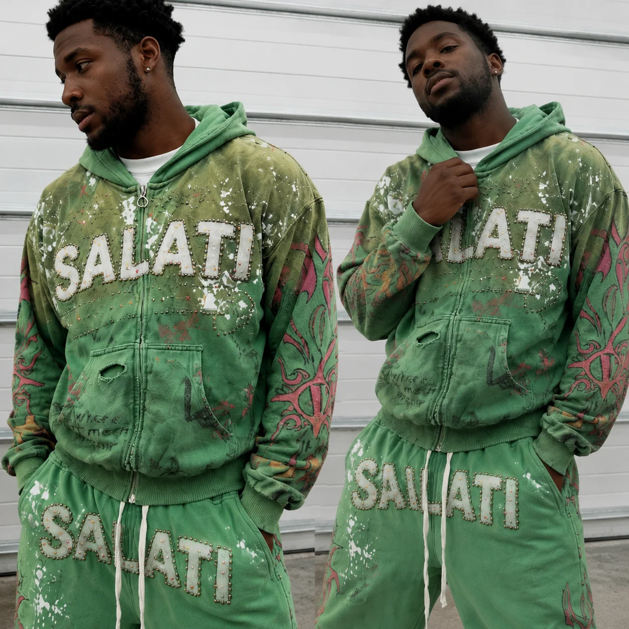 Manufacturers Custom Cropped Distressed Zip up Sweatsuit Rhinestone Streetwear Tracksuit Baggy Flared Sweatpants and Hoodie Sets gallery 3