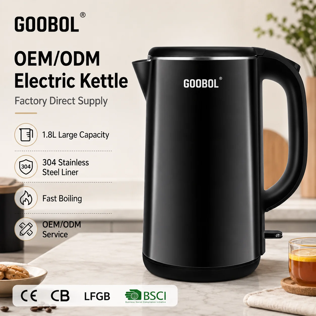 1.8L Cordless Electric Kettle 1500W 360-Degree Base Auto Shut-Off Hotel Grade 304 SS OEM ODM Available