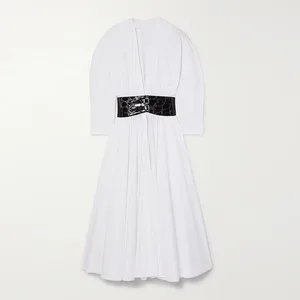 Clothing Manufacturer Custom Spring Autumn White v Neck Long Sleeve Cotton Women Elegant Casual Midi Dress