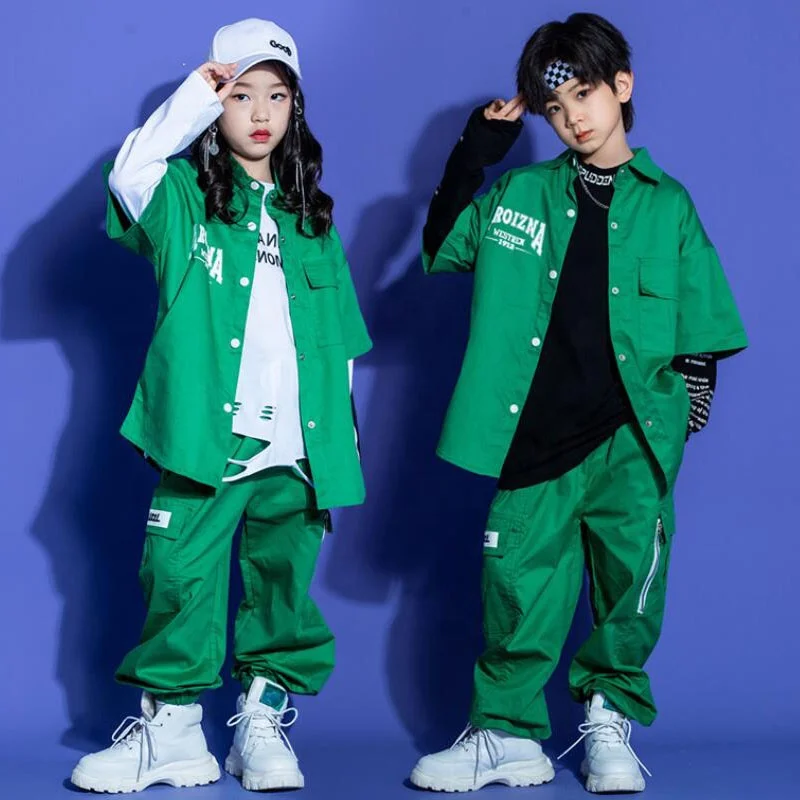 Kids Teen Kpop Street Outfits Hip Hop Clothing Green Shirts