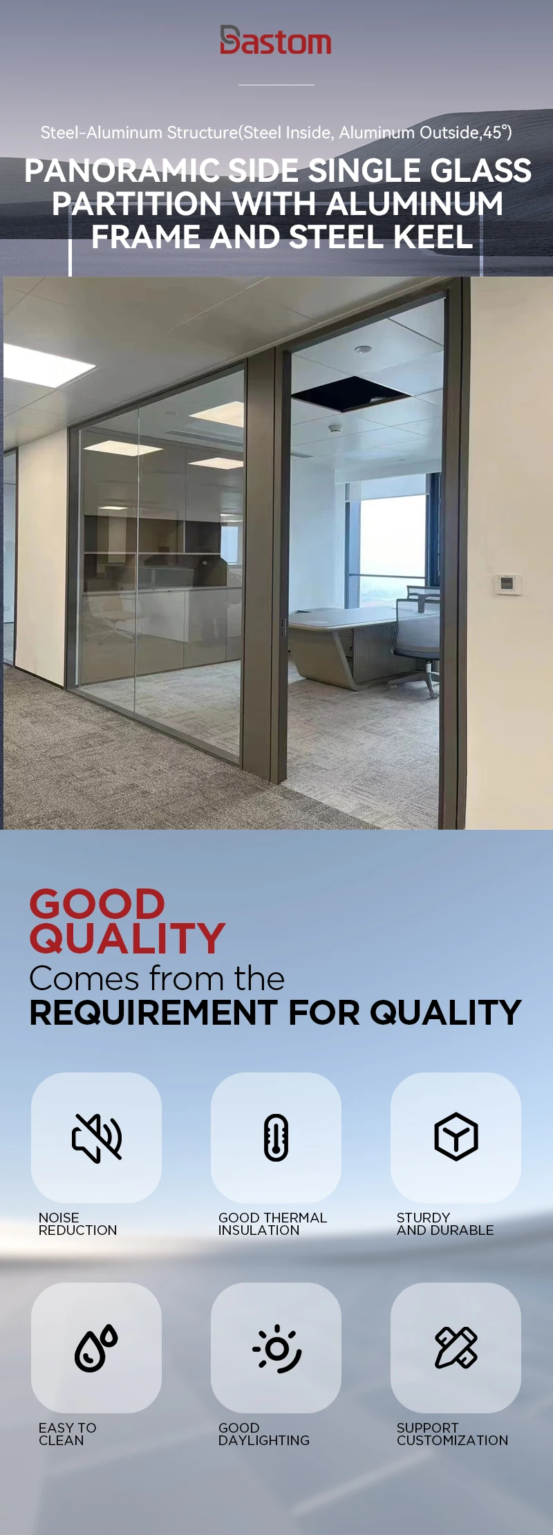 product 84mm aluminum frame steel keel panoramic side single glass partition for luxury residential lobbies upscale hotel suites-2