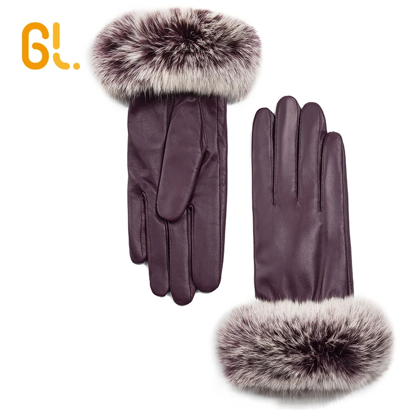 GL50 винно-красные модные меховые декоративные женские зимние перчатки из овечьей кожи