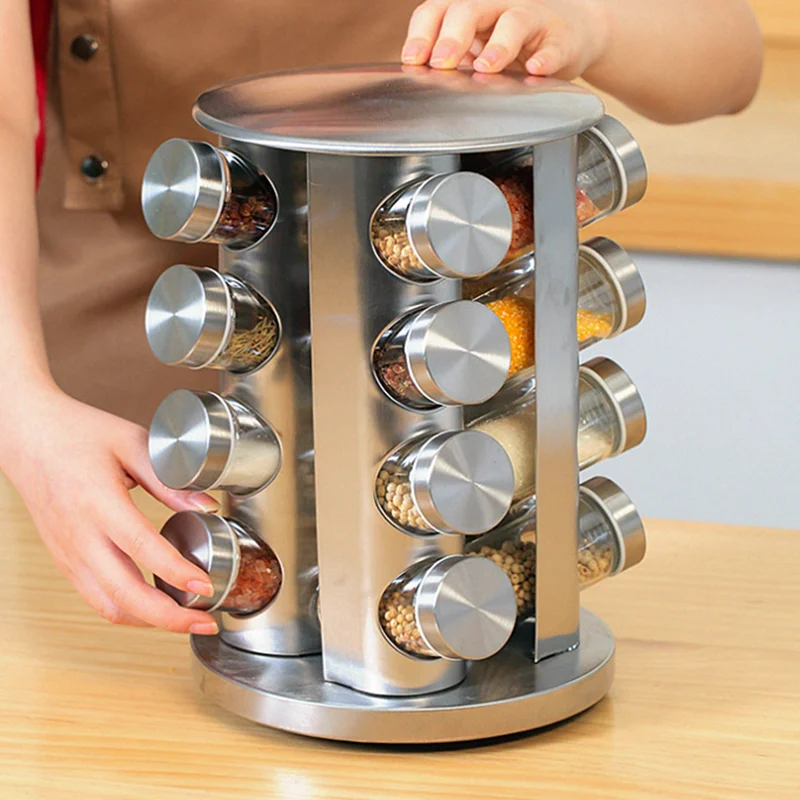 12-Jar Stainless Steel Revolving Countertop Spice Rack Tower Standing Type Metal Kitchen Cabinet Organizer