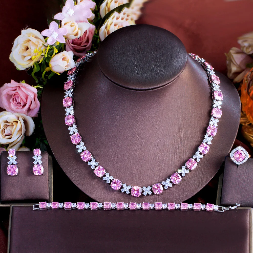 4pcs Shiny Cubic Zirconia Pave Square Pink Necklace Earring Jewellery  Luxury Bridal Wedding Banquet Dress Jewelry Set for Women