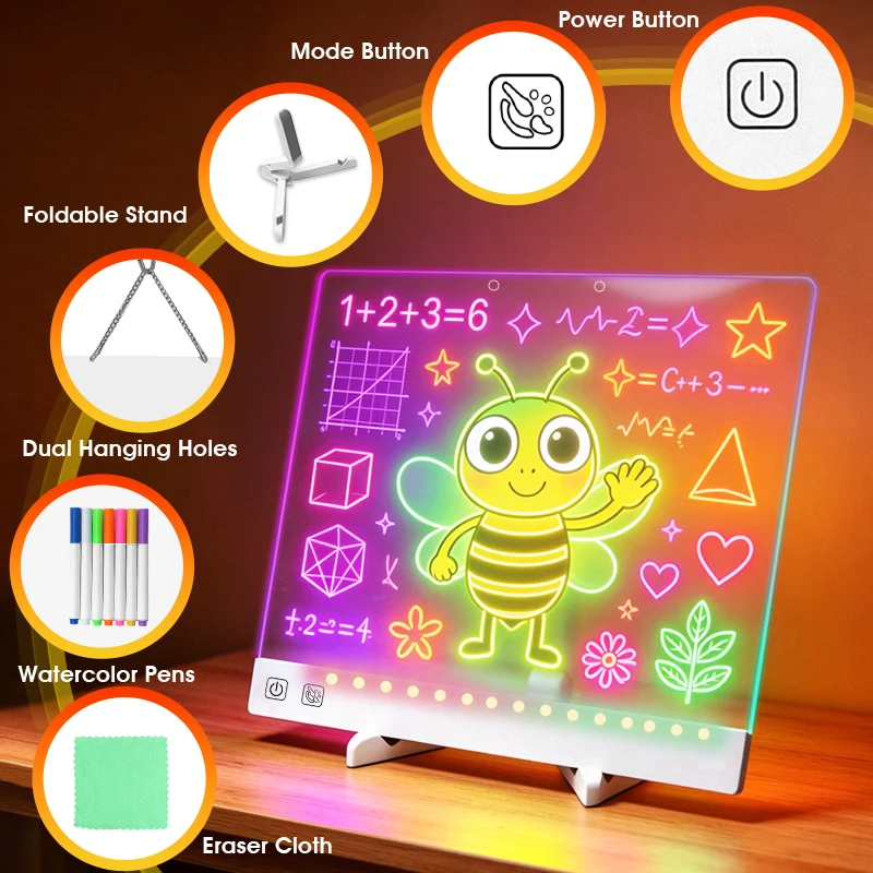 Colorful Acrylic Light-Up Drawing Board with Hanging Chain Rechargeable LED Memo Board for 5 to 7 Years