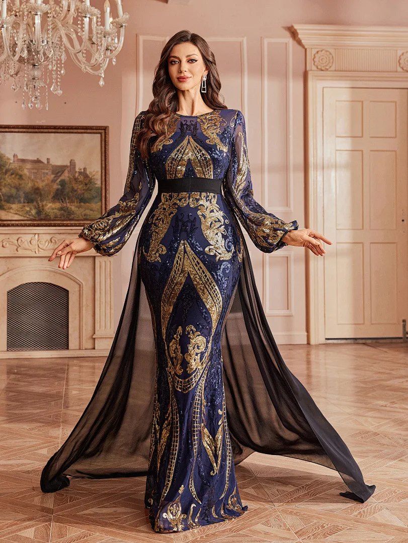 green emerald velvet dress High-Neck Long Formal Dresses with Gold Details Navy / XSmall main image 0