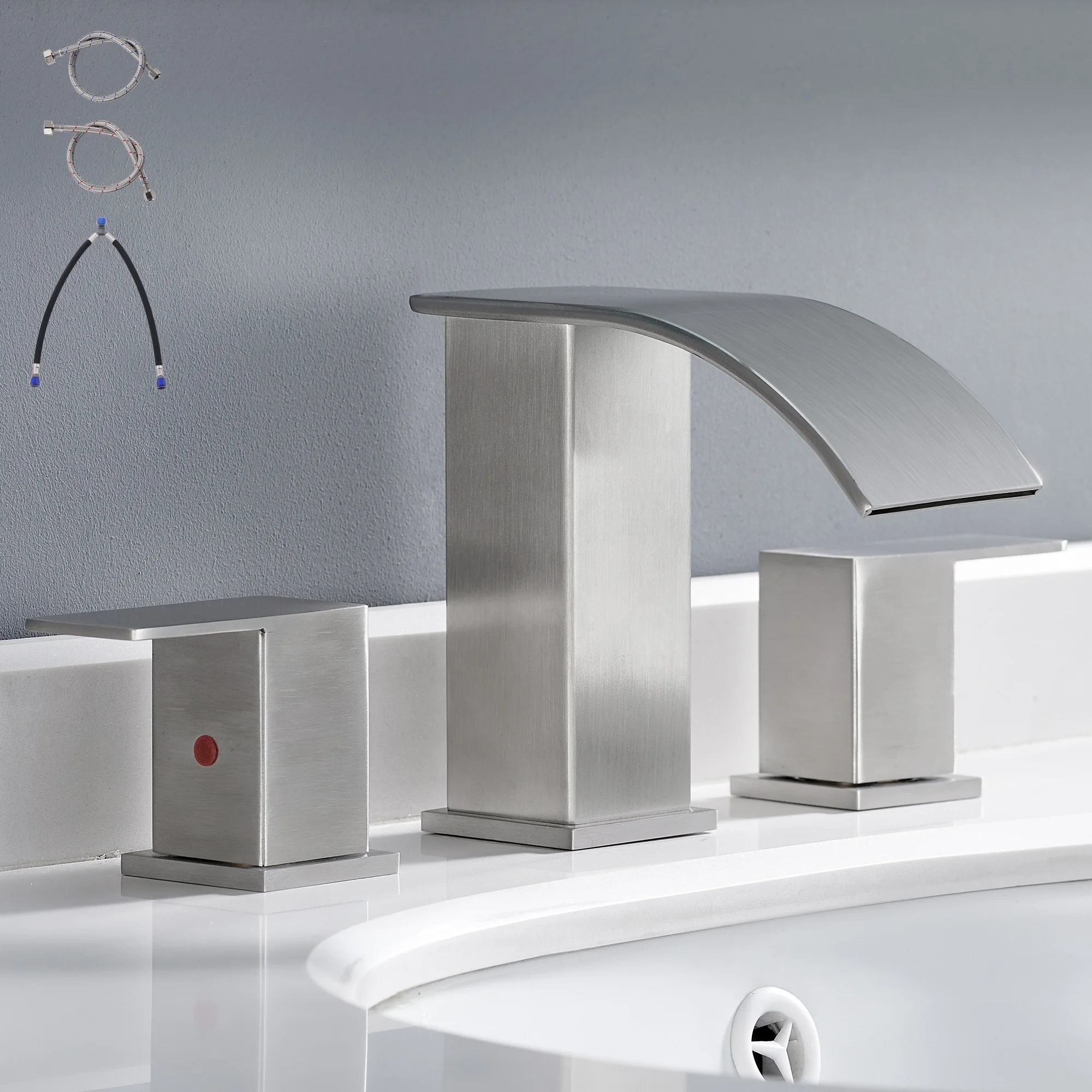 Modern Brushed Gold 3 Holes Dual Handle Deck Mount Basin Faucet 8 Widespread 304 Stainless Steel Ceramic Bedroom Living Room