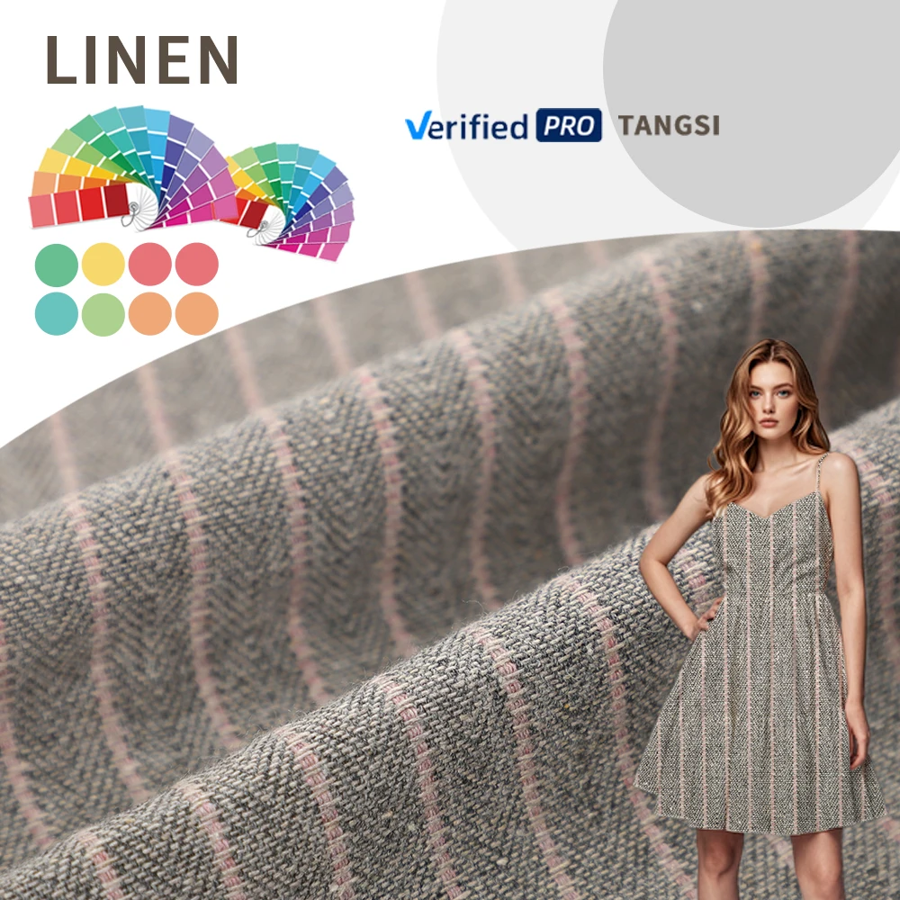 China New Trend Design Cheap Price Stripe Pattern Yarn Dyed Fabric 205GSM Cotton Linen for Girls Women's Clothing Dress Shirt