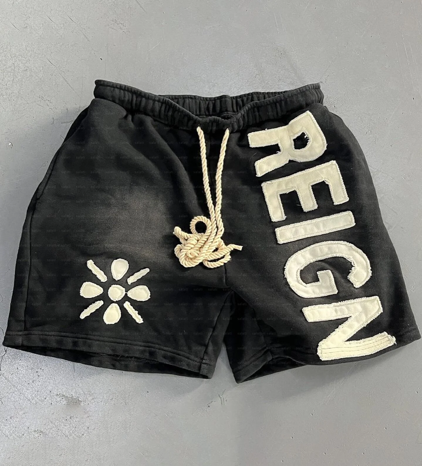 Streetwear Sweat Short Custom Sun Faded Cotton French Terry Applique Patch Embroidery Distresses Vintage Acid Wash Short for Men gallery 2