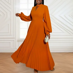 Am030920 Plus Size Casual Dresses Women Elegant Hollow Out Round Neck Lantern Sleeves Pleated Long Dresses Women Maxi Dress