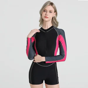 SBART Women Long Sleeve One Piece Color Block Swimsuit with Front Zipper Polyester Boyleg Swimwear for Surf & Swim