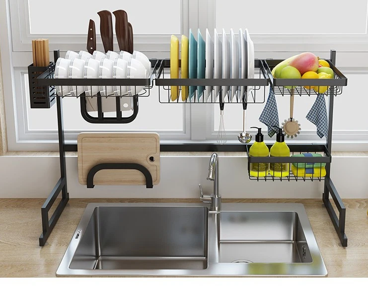 Adjustable Dish Drying Rack Over Sink 2 Tier Stainless Steel Length Expandable Kitchen Dish Rack