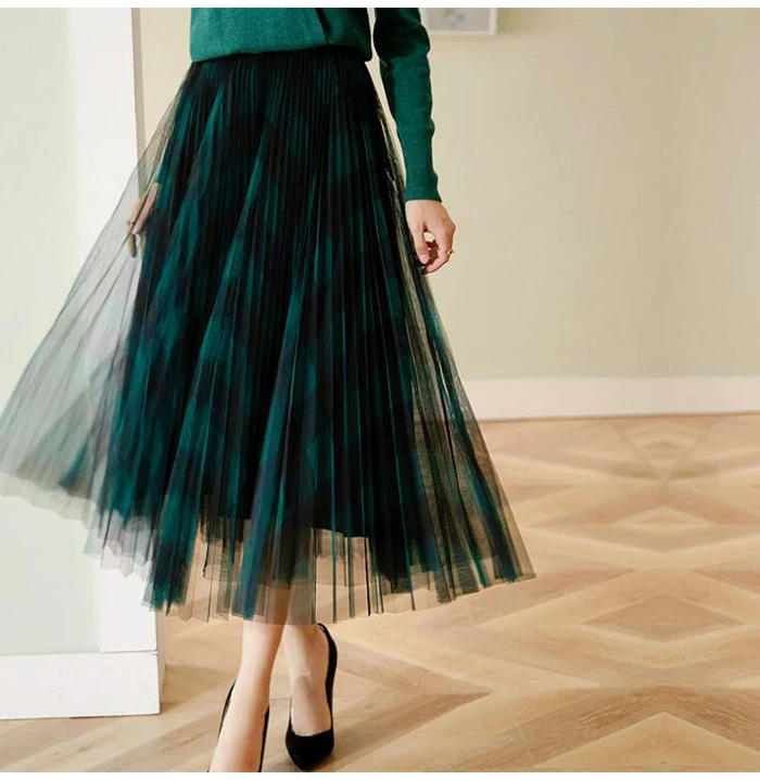 Falda larga de tul A cuadros para mujer, falda elegante de cintura