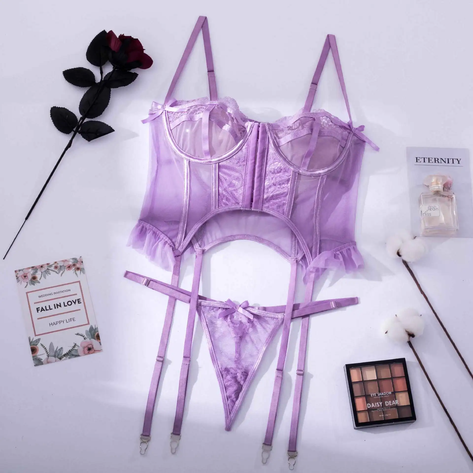 Purple Erotic Lingerie Sets Sensual Extended Bra With Garters Hot Women  Transparent Sexy Underwear