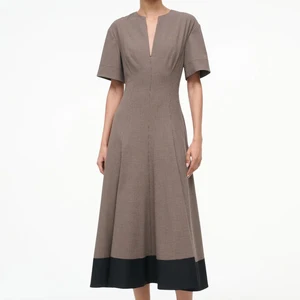 Wisrise Fashion Factory New Design Custom Tan Checked Short Sleeve Ruffle Midi Dress for Semi-Formal Events