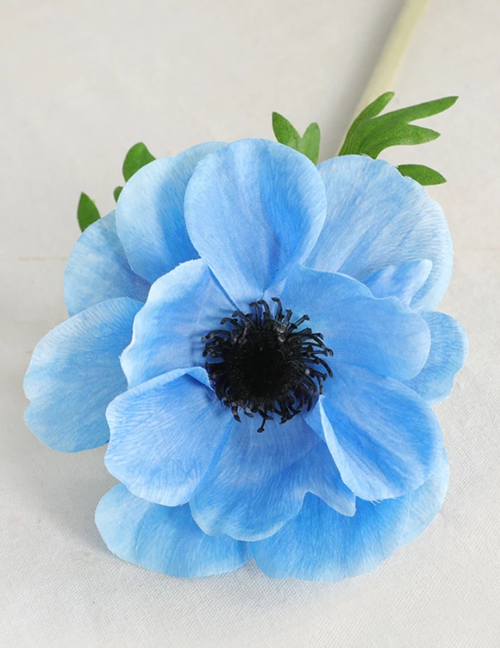 High Quality Artificial Silk Anemone White Flower Poppy Flocked Stem
