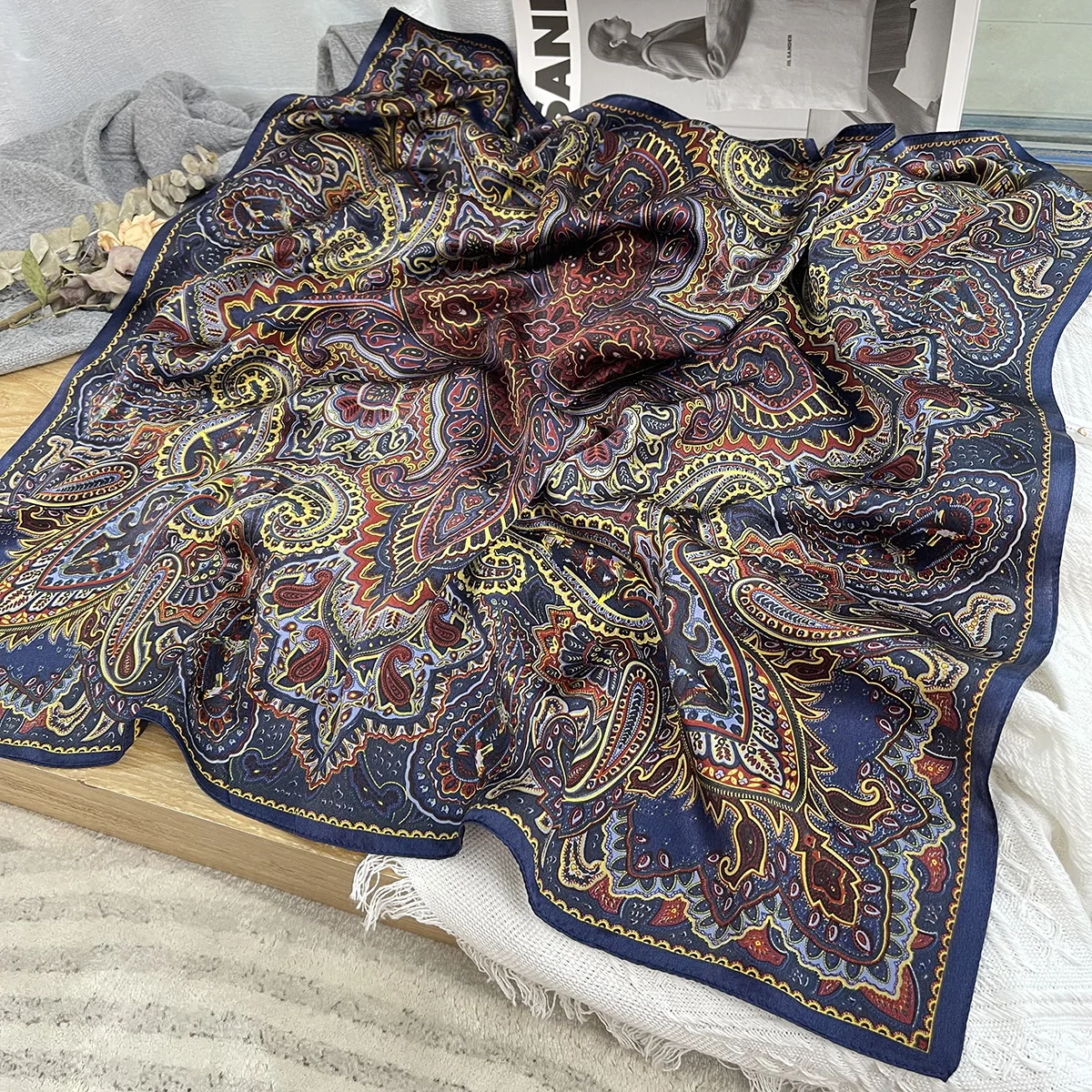 27in Vintage Plain Crepe Satin Small Square Scarf Paisley Cashew
