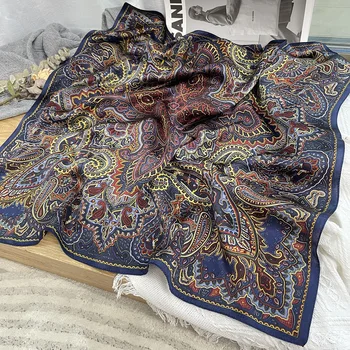 27in Vintage Plain Crepe Satin Small Square Scarf Paisley Cashew