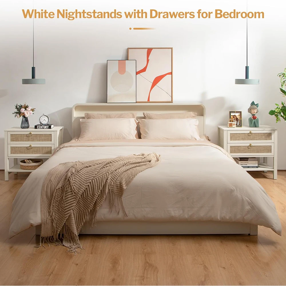 product white night stand drawers storage shelf large wooden boho bedside table narrow side table bedroom small space assembled-4