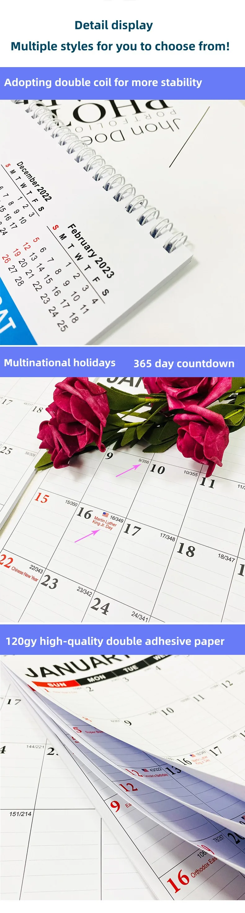 Custom Printing 2024 English YO Coil Calendar Multinational Holiday 365 Day Countdown Monthly Wall Calendar manufacture