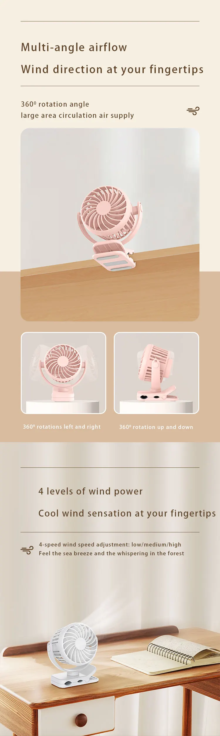 Portable Mini Clip Fan, 2000mAh, 360 - detail 10