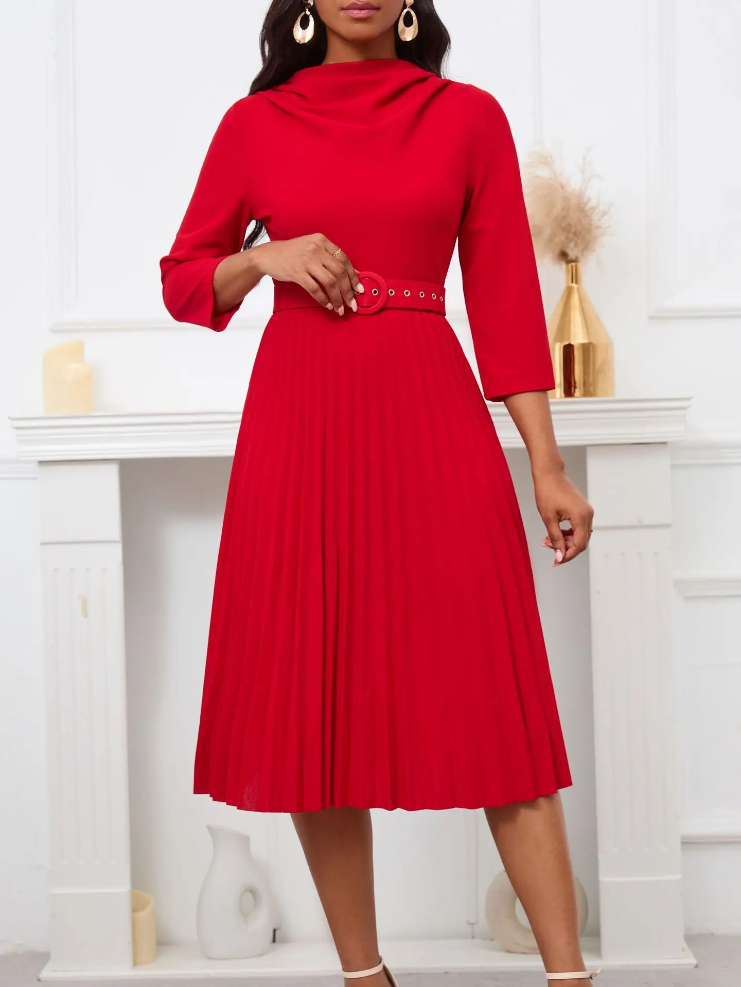 Latest Design Techno Crepe Elegant Plus Size Solid Color Long Sleeve Women Casual Pleated Dresses With Belt