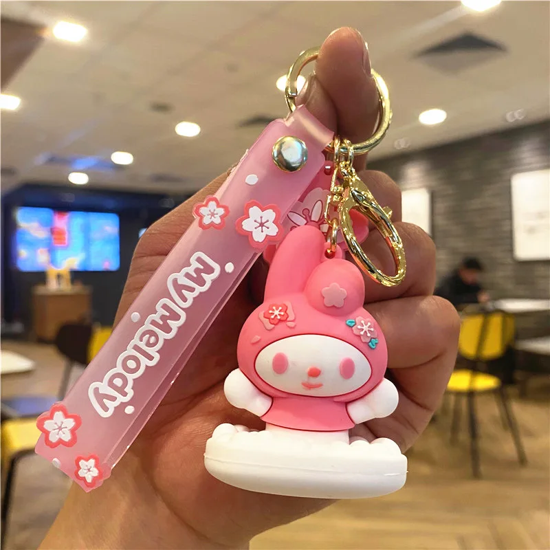 3d Hello Kitty Keychain With Wrist Strap Car Accessories Bag Ornament Doll Custom Cute Cartoon Pvc Gold Key Rings Gift