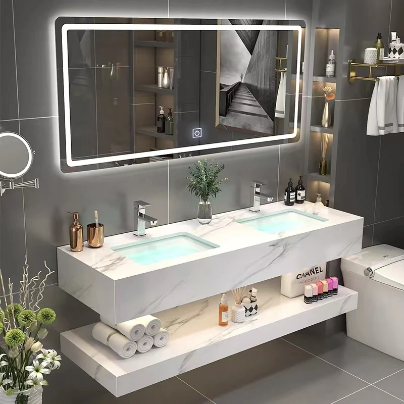 Integrated Rock Plate Floating Double Basin Porcelain Wall Hung Vanity Sink Bathroom Cabinet Basin