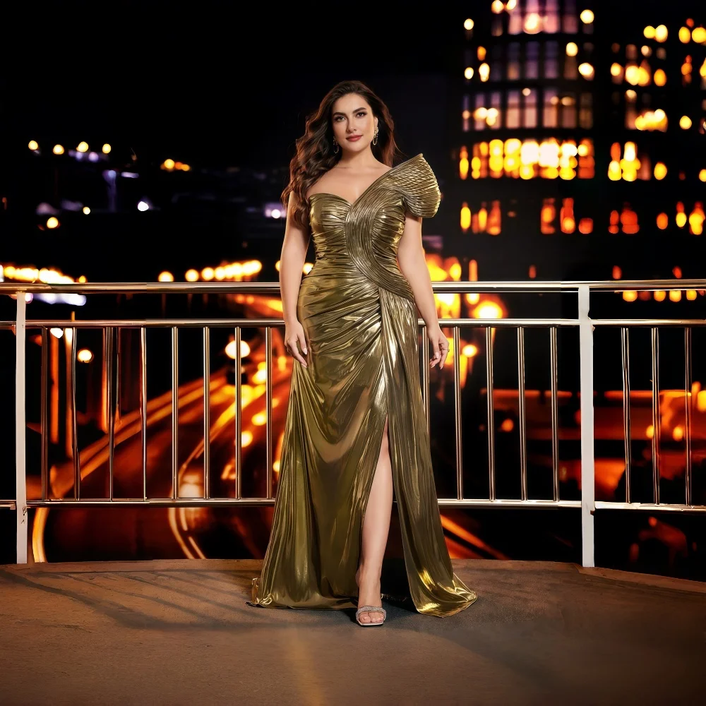 Luxury Gold Satin Empire Waist A-Line Maternity Lace Maxi Evening Dress for Ladies Elegant Pleated Direct From Manufacturers
