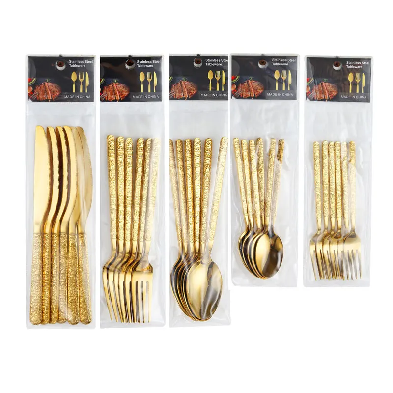 Factory Direct Sales Custom 6-Piece Gold Stainless Steel Tableware Home Cutlery Set Different Colors Sustainable Plastic Bag