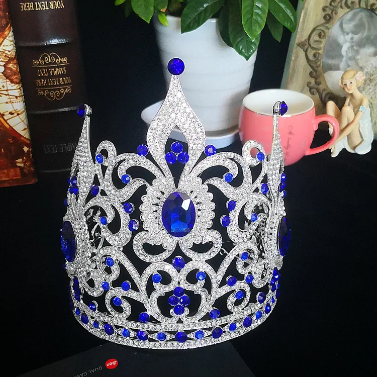 Fashion European style big Crown miss world crystal crown and tiara blue  beauty pageant queen crowns