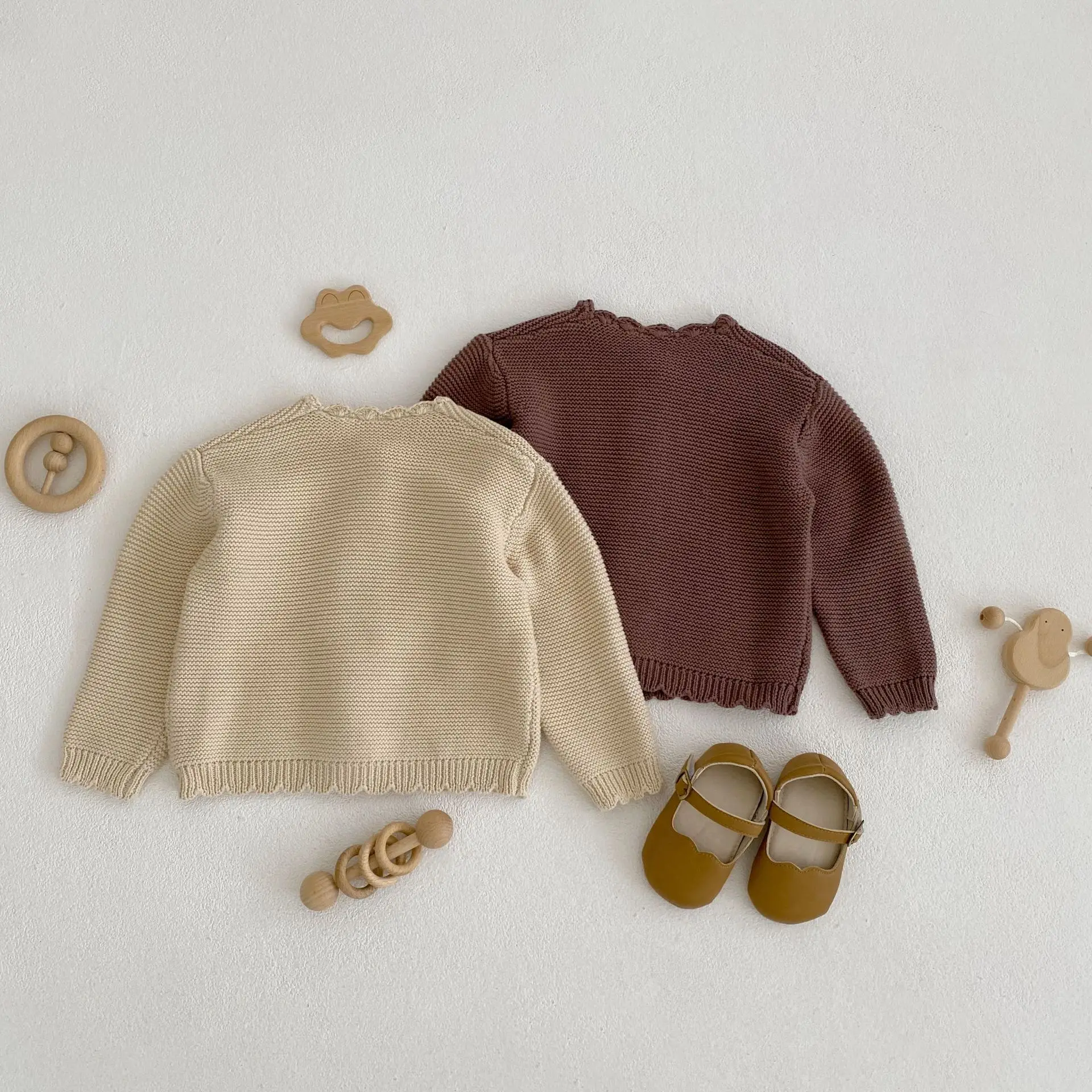 Spring baby unisex solid color long sleeve 100% cotton simple cardigan newborn fashion handmade knitted jacket