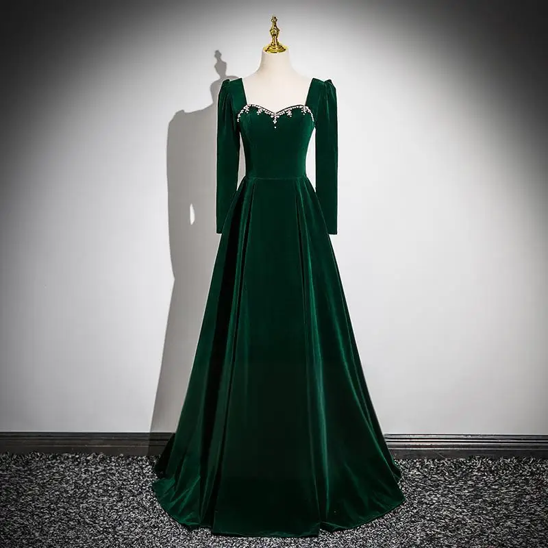 knee length dresses for ladies Dark Green Velvet One Shoulder Dress