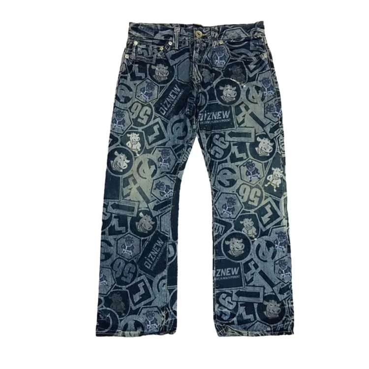 DiZNEW denim manufacturer smile number full printing fashionable breathable men loose fit wide leg denim pants jeans factory