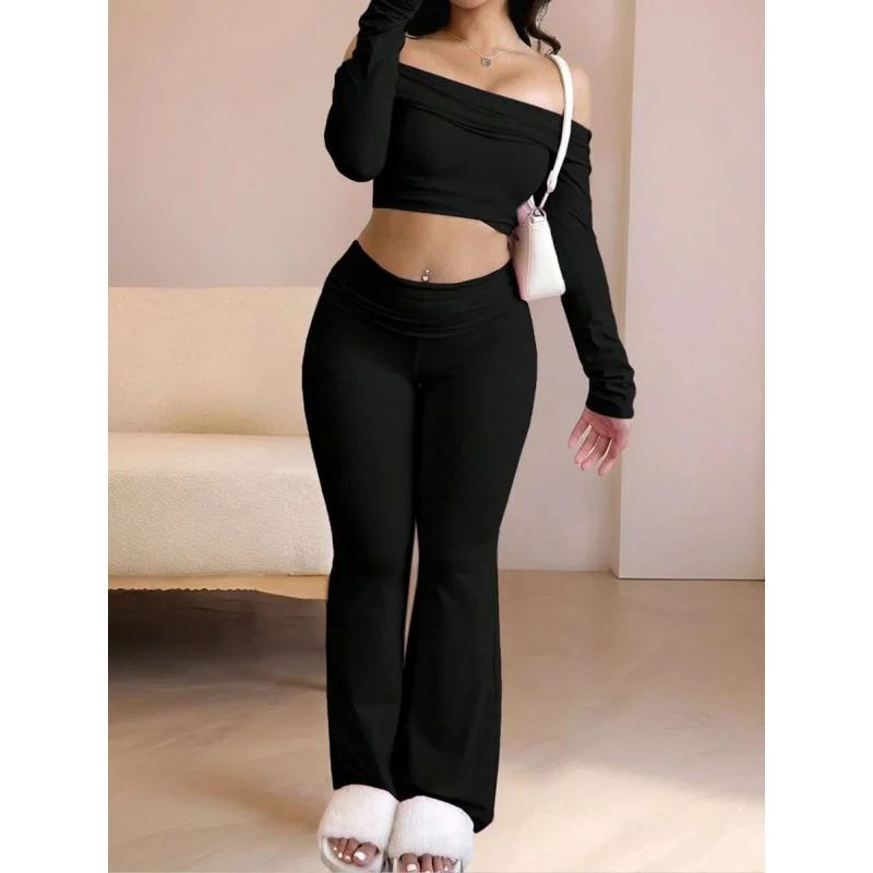 MCDUII Solid color fleece-lined off-shoulder long-sleeved mid-length top Yoga Set Woman preview