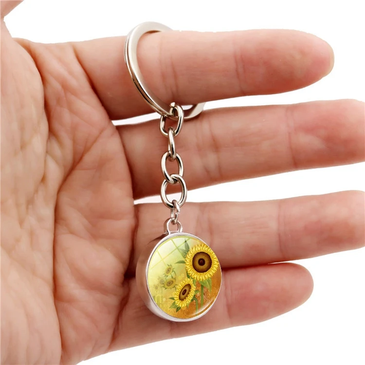 Cute Trendy Women Key Ring Gifts Art Picture Double Side Glass Ball Sunflower Keychain accessories