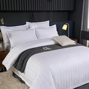 100% Cotton Customized Hotel Quality Stripe Bedding Set King Queen Sizes Woven Plain Fitted Flat Bed Sheets Duvet Cover Hotels