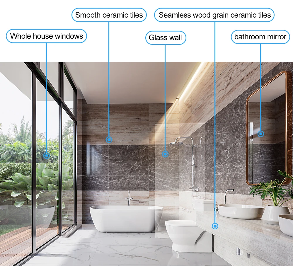 Smooth ceramic tiles. Seamless Wood grain ceramic tiles. Whole house windows. Glass wall. Bathroom mirror.