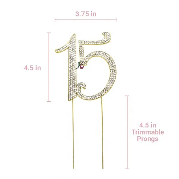 Gold Birthday Number 15 Cake Topper Anniversary Crystal Rhinestones Decorative Cupcake Topper for 15th Birthday Party Supplies