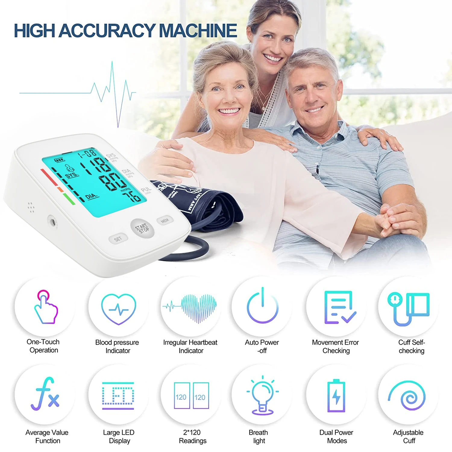 Smart Upper Arm Blood Pressure Monitor Adjustable Cuff Large Arm Friendly Bluetooth Blood Pressure Machine
