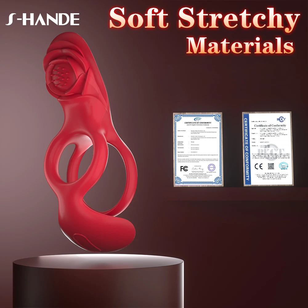 S-HANDE 4 In1Remote Control Rose Flower Shape Vibrating Cock Rings Clitoral Penis Ring with Scrotum Stimulator