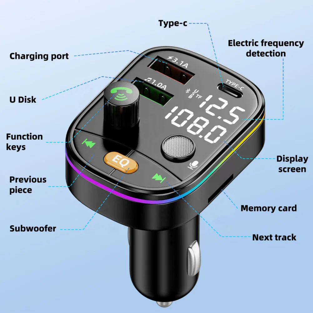 New V5.0 Q10 FM Transmitter EQ Charger Ev USB Type-C PD Fast Charging Car Play Adapter Wireless FM Radio MP3 Player for Car