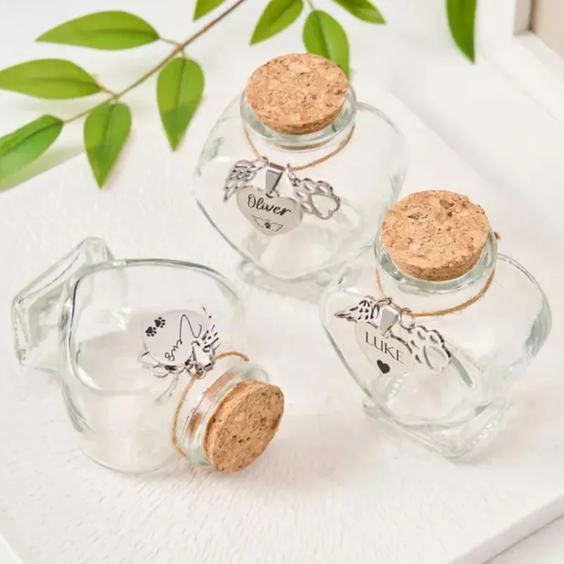 Modern Eco-friendly Engraved Pet Memorial Glass Bottle with Heart-shaped Design wings and Paw Print Pendant preview 2