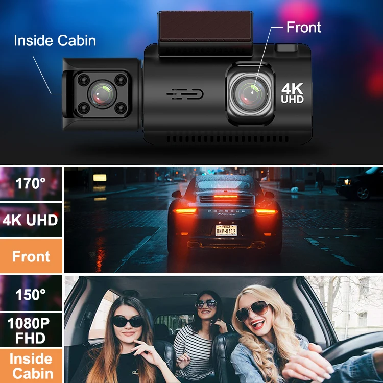 Small 4k 3 Channel Optional Two Camera Dash Camera 1080p Front Inner ...