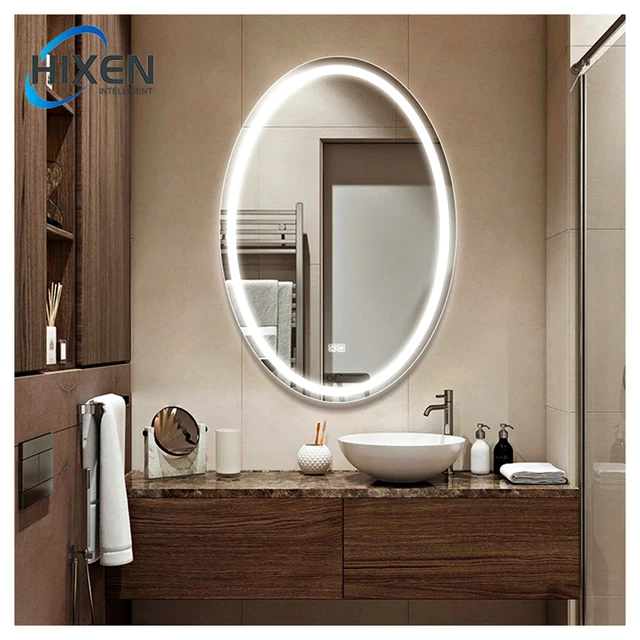 HIXEN 24x32inch oval hotel bathroom touch screen anti-fog Bluetooth smart large led mirror